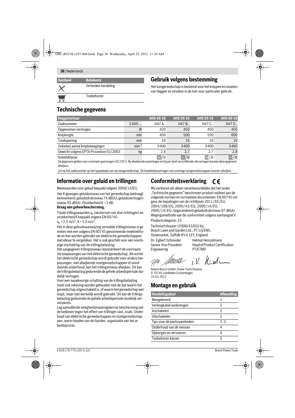 Gebruik volgens bestemming, Conformiteitsverklaring, Montage en gebruik | Bosch AHS 45-16 User Manual | Page 38 / 144