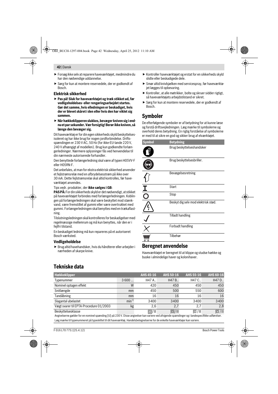 Symboler, Beregnet anvendelse, Tekniske data | Bosch AHS 45-16 User Manual | Page 42 / 144