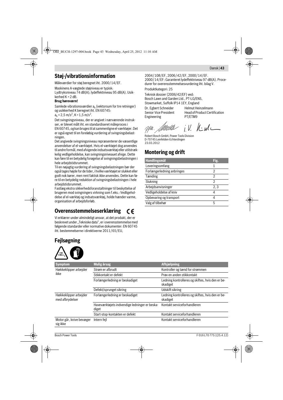 Støj-/vibrationsinformation, Overensstemmelseserklæring, Montering og drift fejlsøgning | Bosch AHS 45-16 User Manual | Page 43 / 144