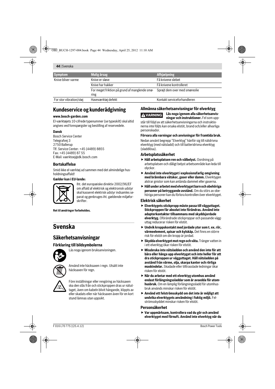 Svenska, Kundeservice og kunderådgivning, Säkerhetsanvisningar | Bosch AHS 45-16 User Manual | Page 44 / 144