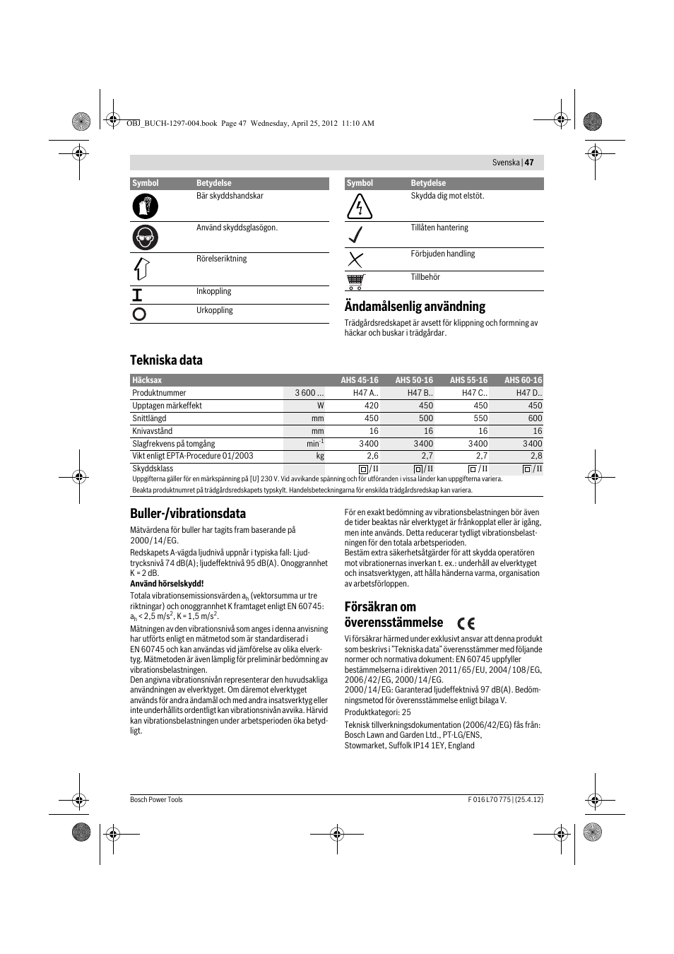 Ändamålsenlig användning, Tekniska data buller-/vibrationsdata, Försäkran om överensstämmelse | Bosch AHS 45-16 User Manual | Page 47 / 144