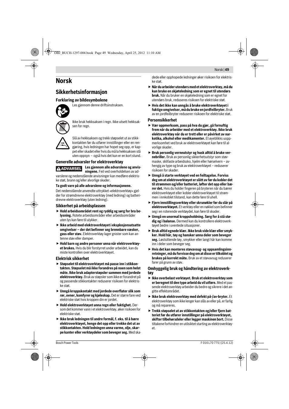 Norsk, Sikkerhetsinformasjon | Bosch AHS 45-16 User Manual | Page 49 / 144