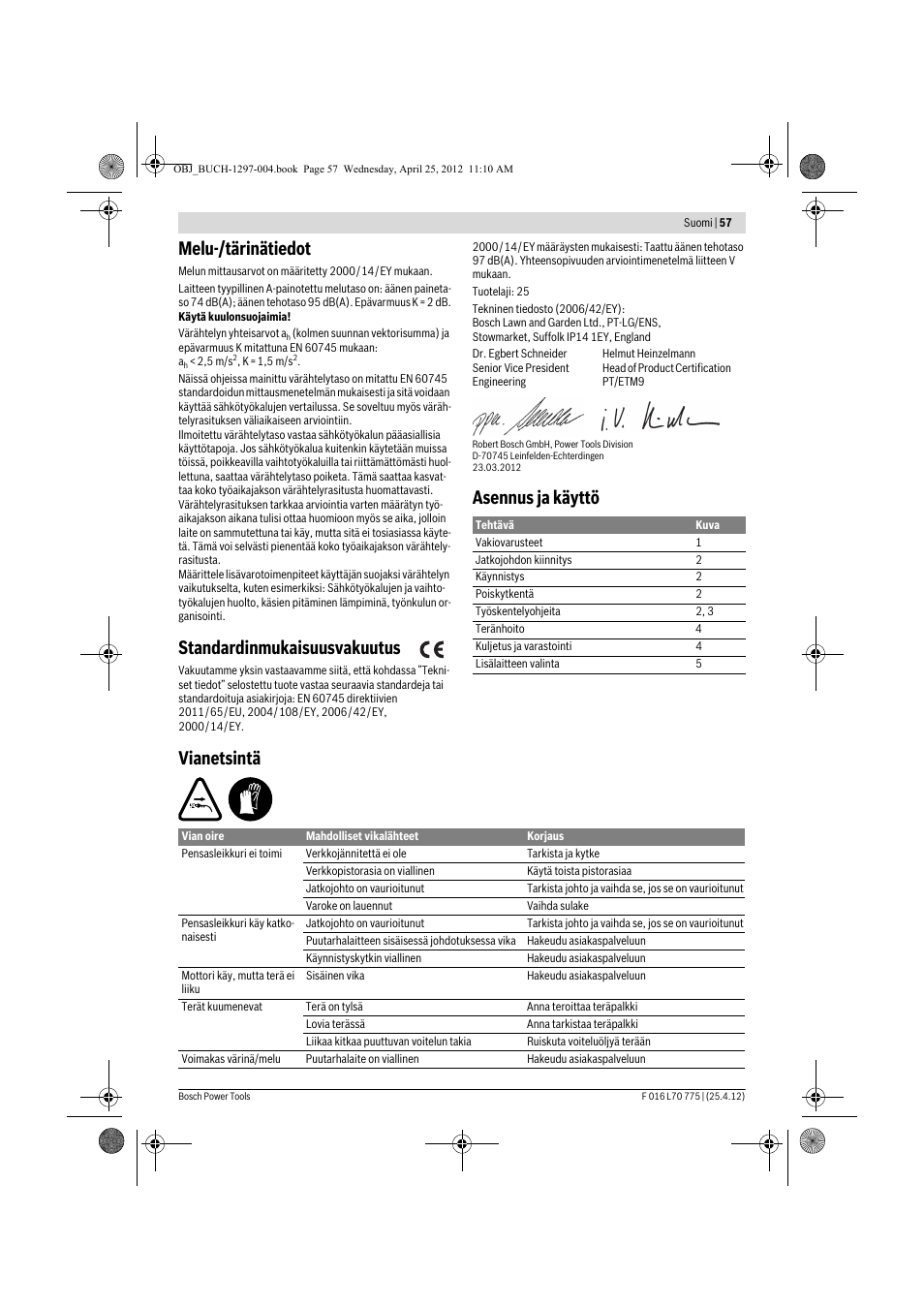 Melu-/tärinätiedot, Standardinmukaisuusvakuutus, Asennus ja käyttö vianetsintä | Bosch AHS 45-16 User Manual | Page 57 / 144