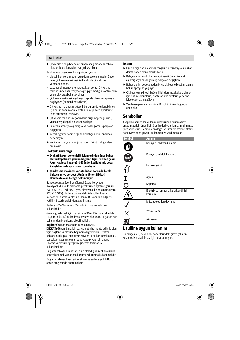 Semboller, Usulüne uygun kullan m | Bosch AHS 45-16 User Manual | Page 66 / 144