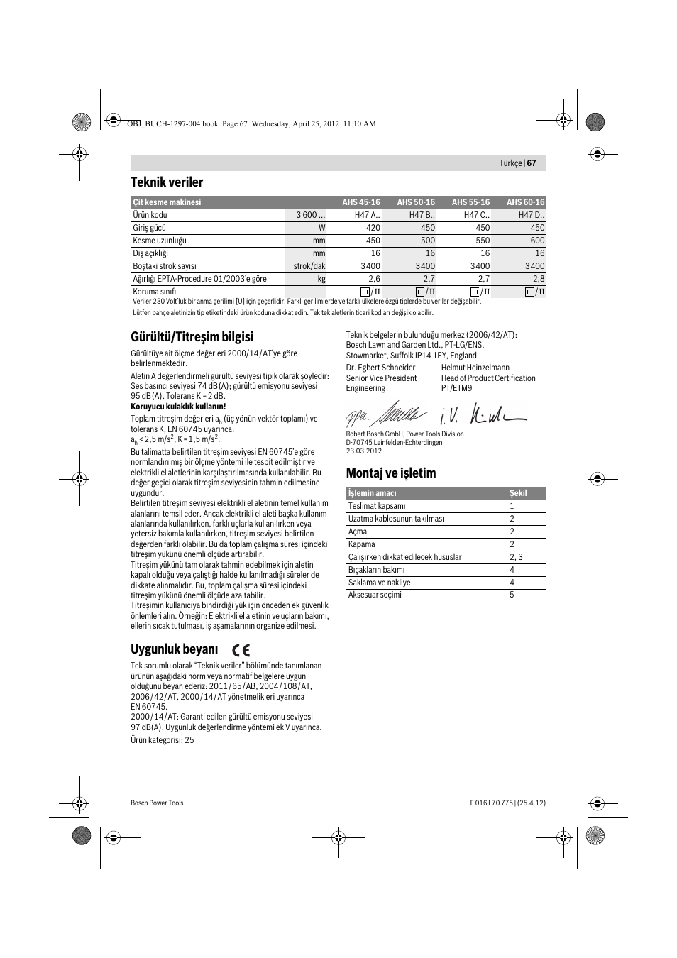 Teknik veriler gürültü/titreşim bilgisi, Uygunluk beyan, Montaj ve işletim | Bosch AHS 45-16 User Manual | Page 67 / 144