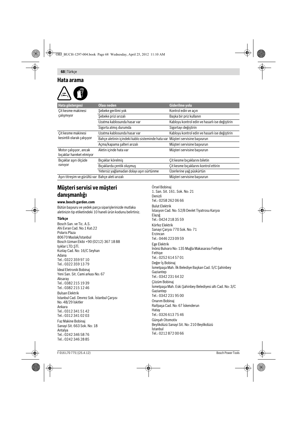 Hata arama müşteri servisi ve müşteri dan şmanl ğ | Bosch AHS 45-16 User Manual | Page 68 / 144