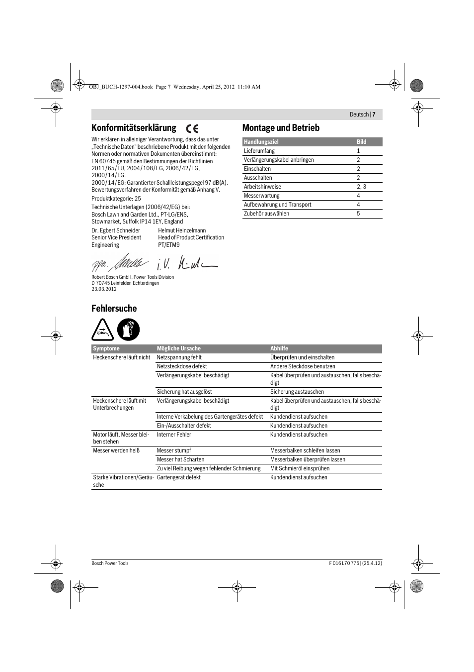 Konformitätserklärung, Montage und betrieb fehlersuche | Bosch AHS 45-16 User Manual | Page 7 / 144
