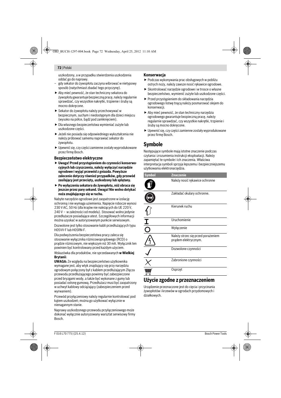 Symbole, Użycie zgodne z przeznaczeniem | Bosch AHS 45-16 User Manual | Page 72 / 144