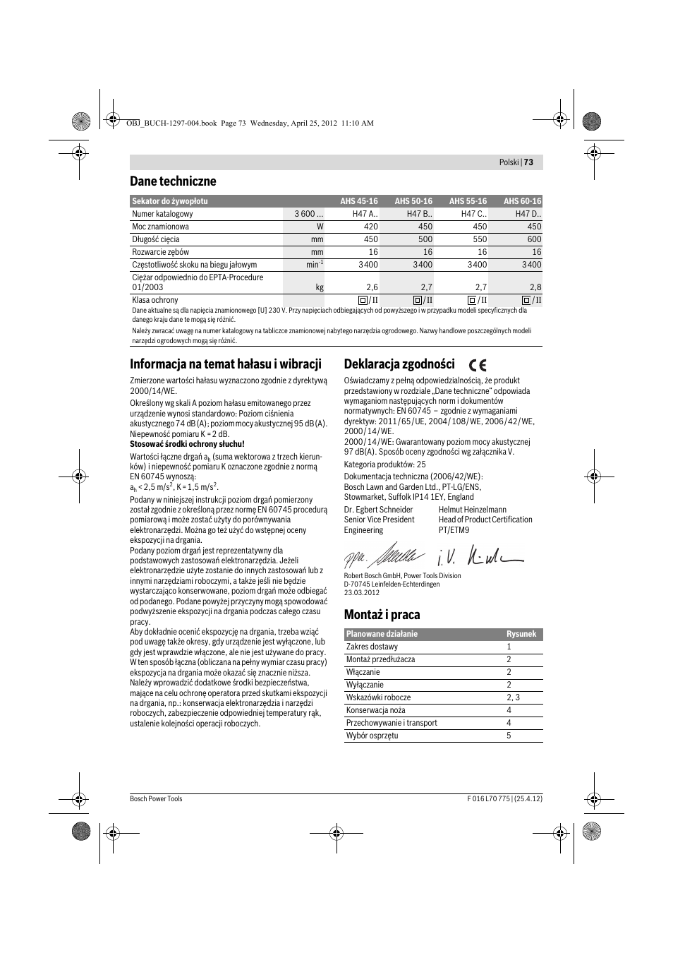 Deklaracja zgodności, Montaż i praca | Bosch AHS 45-16 User Manual | Page 73 / 144