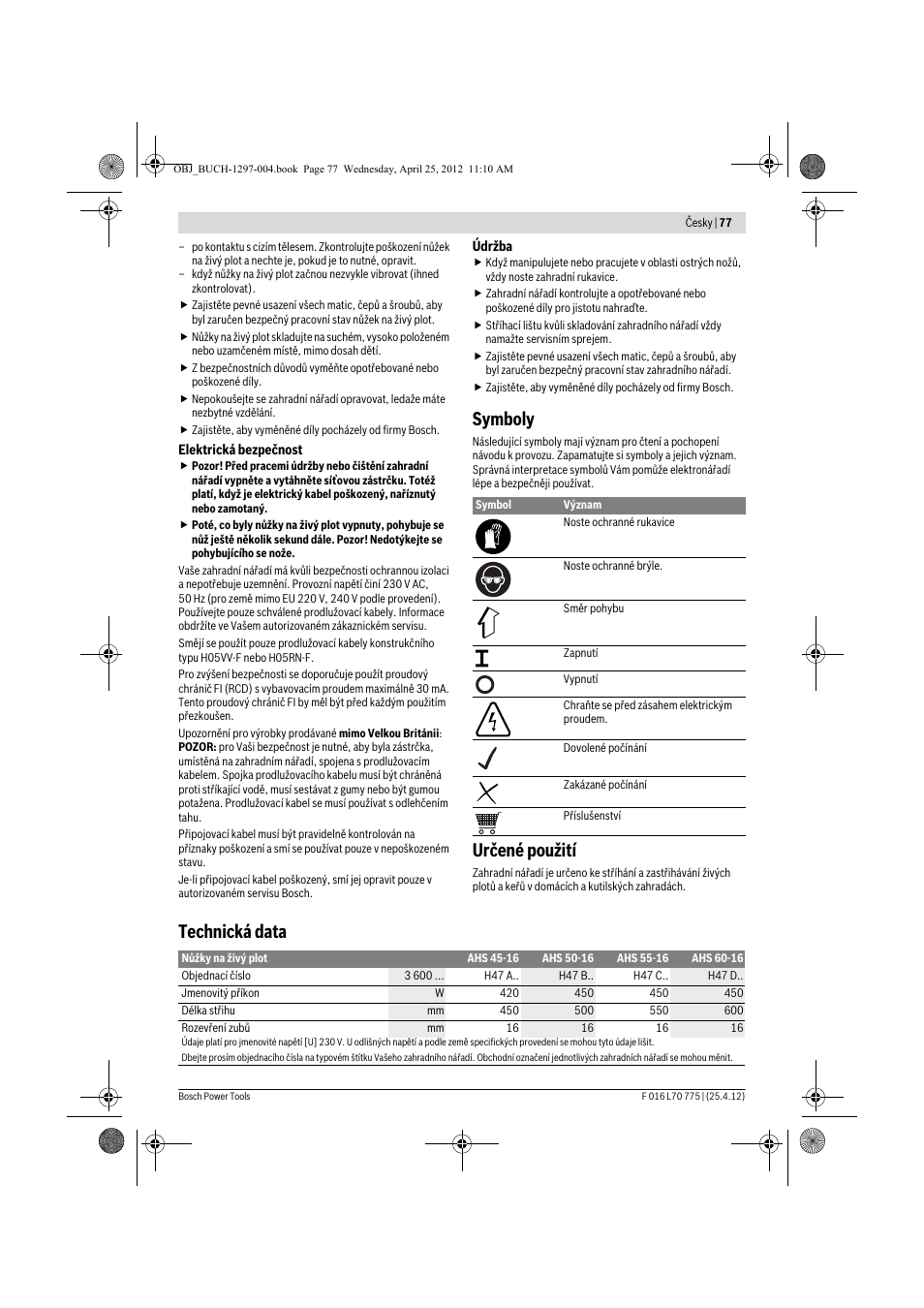 Symboly, Určené použití, Technická data | Bosch AHS 45-16 User Manual | Page 77 / 144