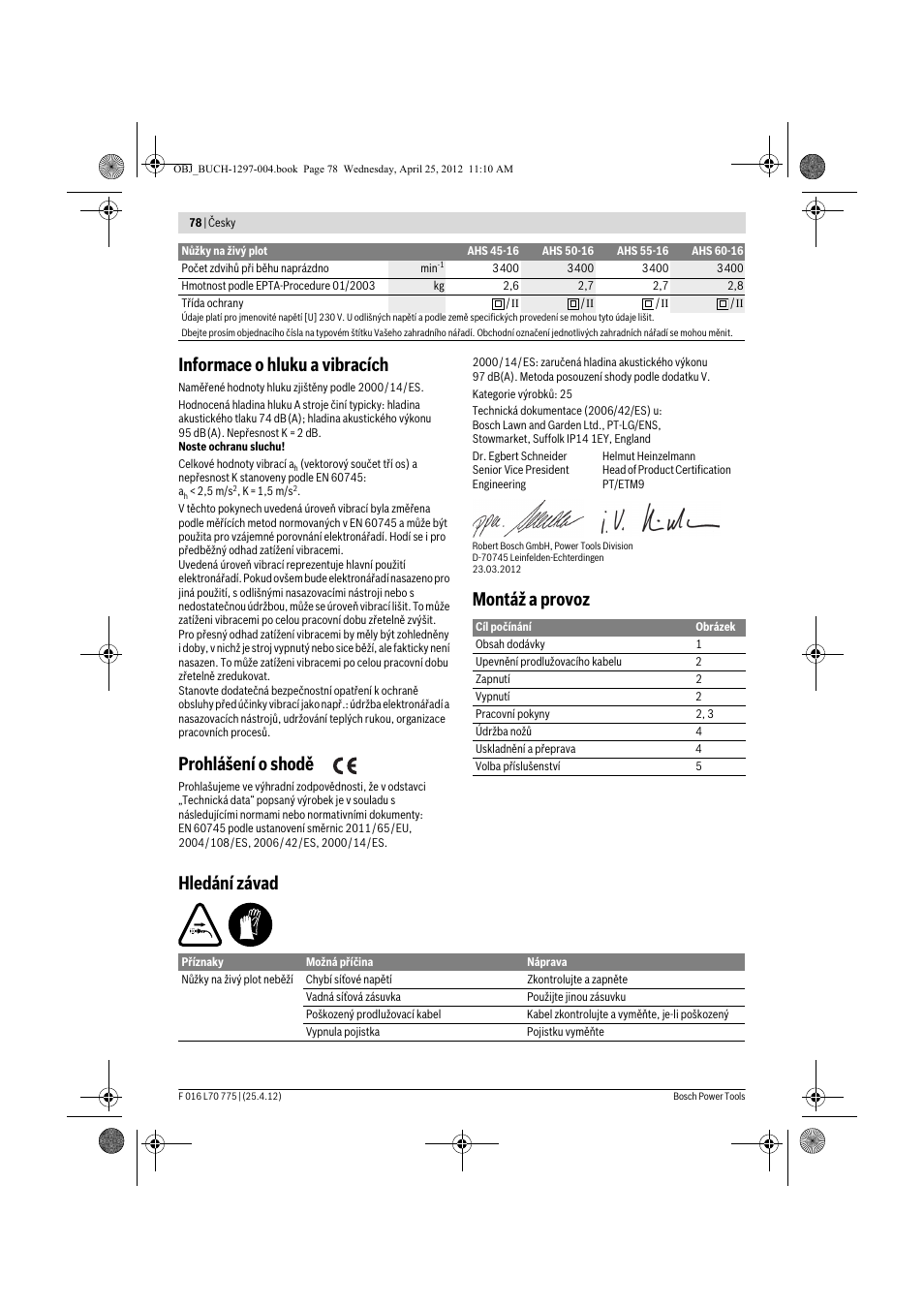 Informace o hluku a vibracích, Prohlášení o shodě, Montáž a provoz hledání závad | Bosch AHS 45-16 User Manual | Page 78 / 144