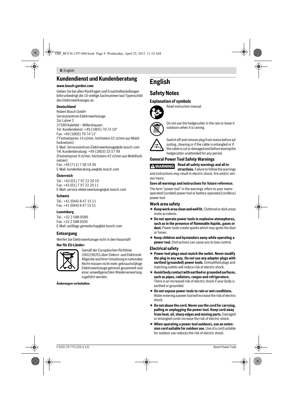 English, Kundendienst und kundenberatung | Bosch AHS 45-16 User Manual | Page 8 / 144