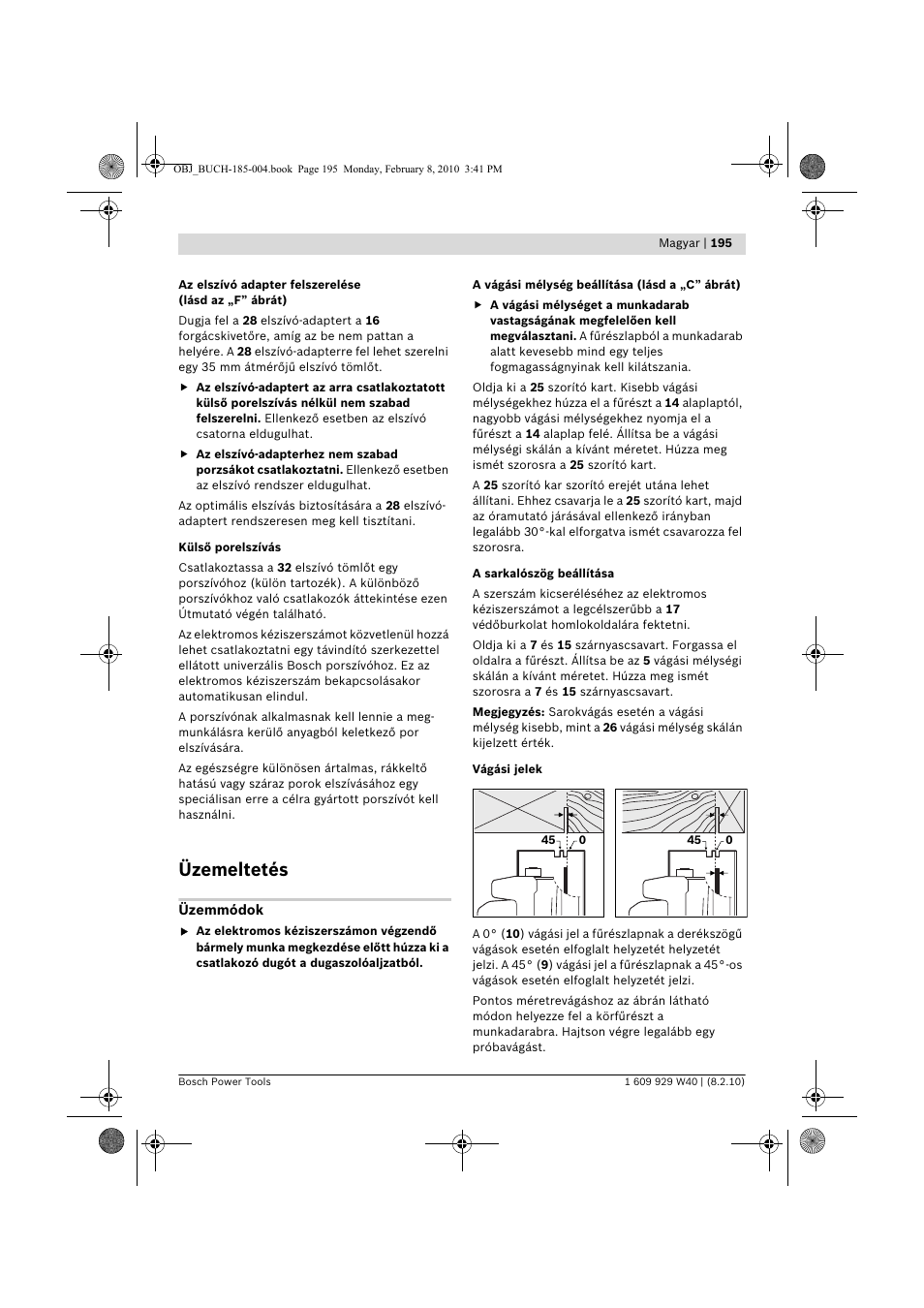 Üzemeltetés | Bosch GKS 160 Professional User Manual | Page 195 / 333