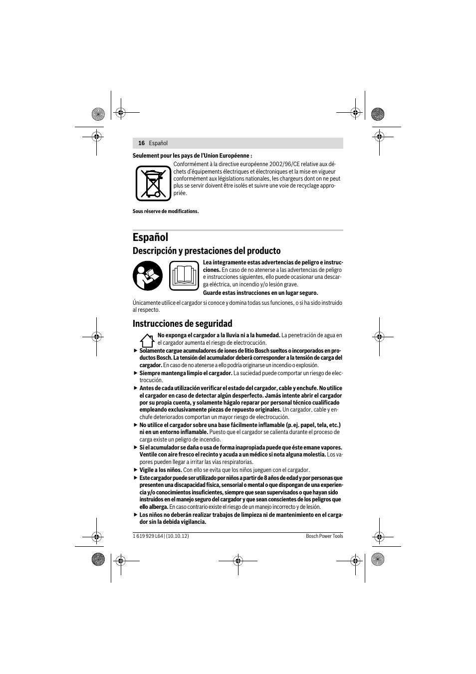 Español, Descripción y prestaciones del producto, Instrucciones de seguridad | Bosch AL 1115 CV User Manual | Page 16 / 108