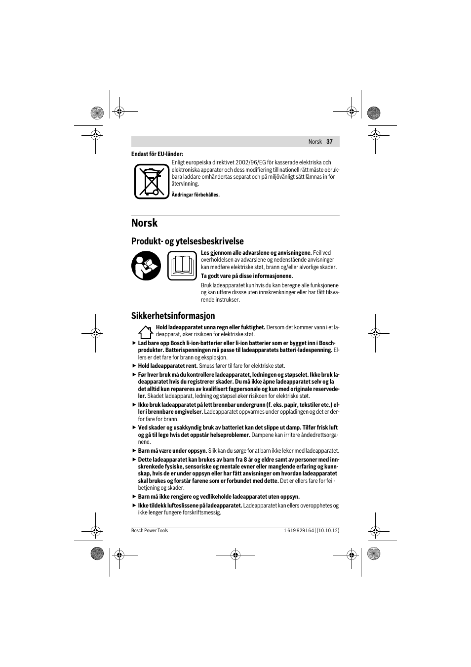 Norsk, Produkt- og ytelsesbeskrivelse, Sikkerhetsinformasjon | Bosch AL 1115 CV User Manual | Page 37 / 108