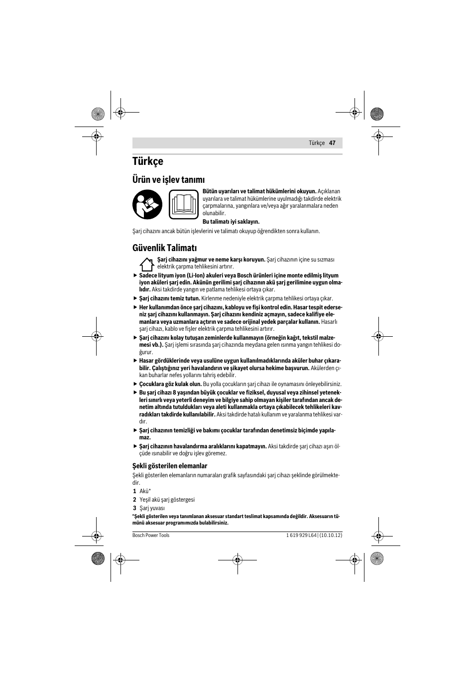 Türkçe, Ürün ve işlev tanımı, Güvenlik talimatı | Bosch AL 1115 CV User Manual | Page 47 / 108