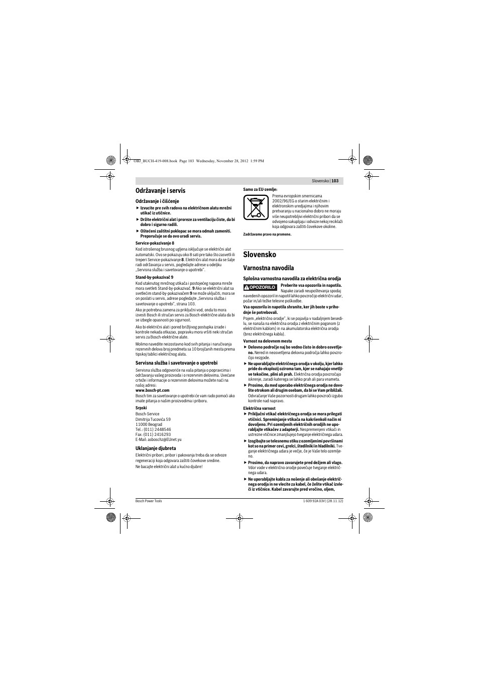 Slovensko, Održavanje i servis, Varnostna navodila | Bosch GSH 5 CE Professional User Manual | Page 103 / 136