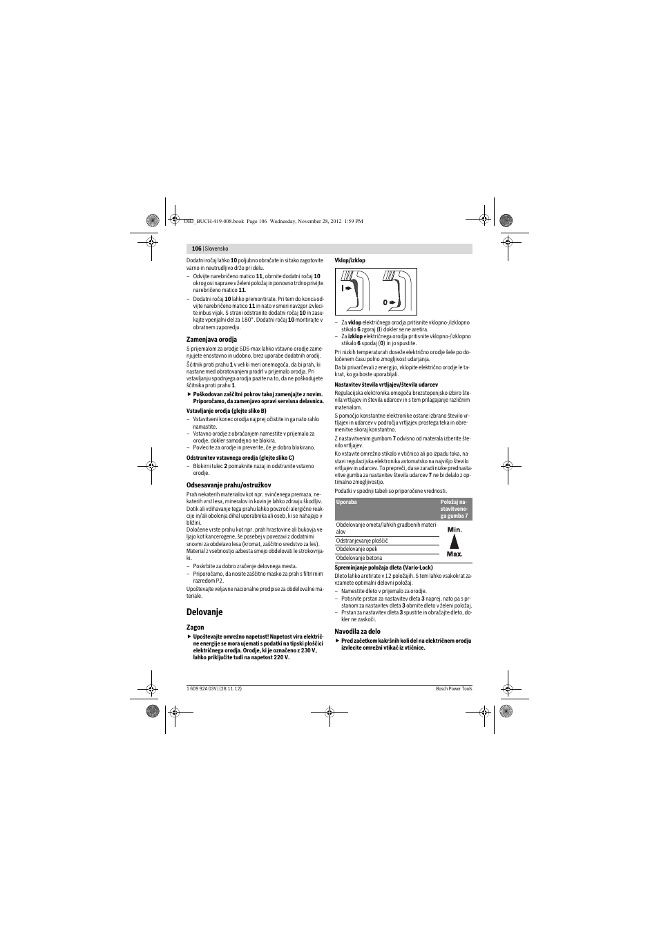 Delovanje | Bosch GSH 5 CE Professional User Manual | Page 106 / 136