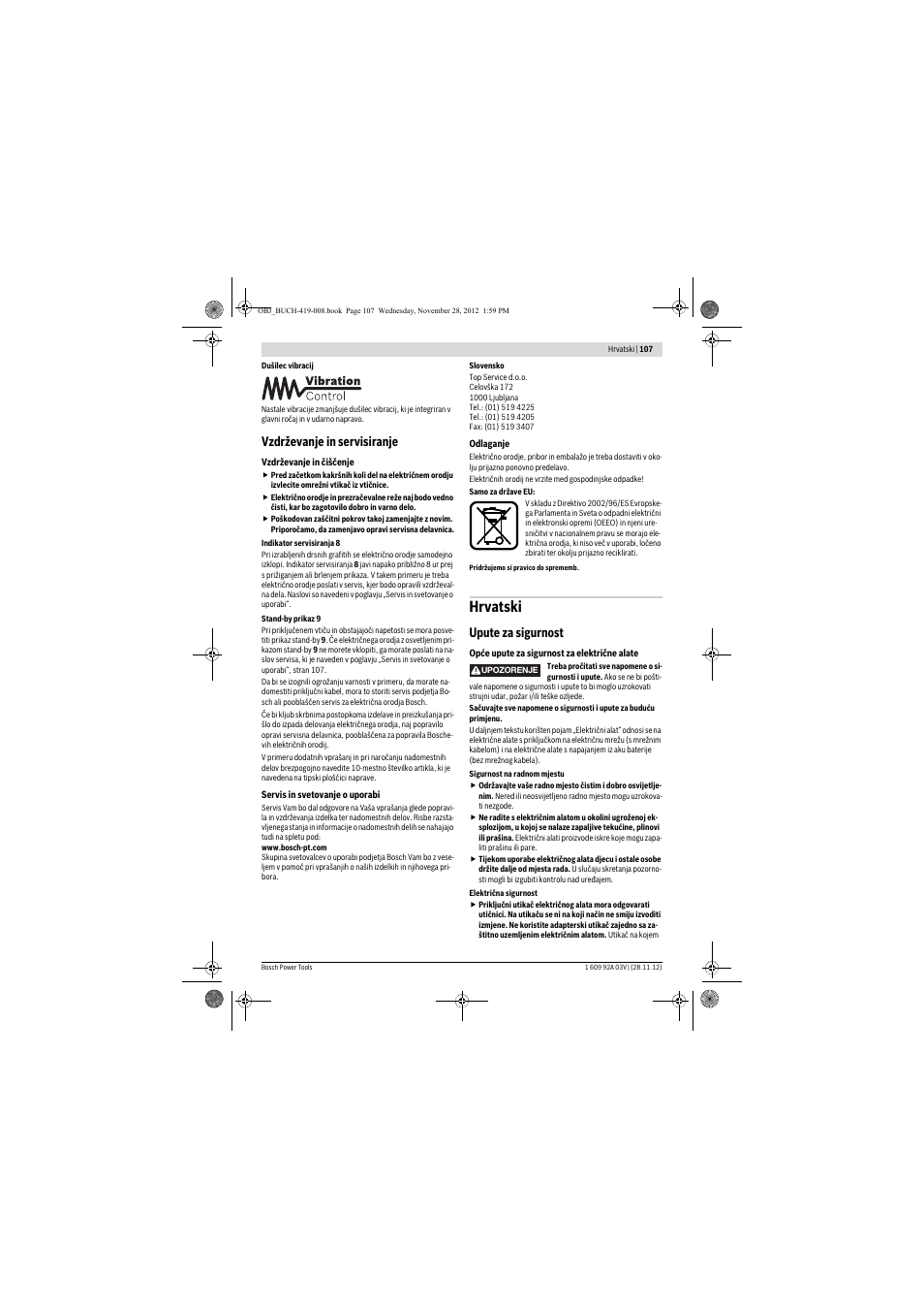 Hrvatski, Vzdrževanje in servisiranje, Upute za sigurnost | Bosch GSH 5 CE Professional User Manual | Page 107 / 136