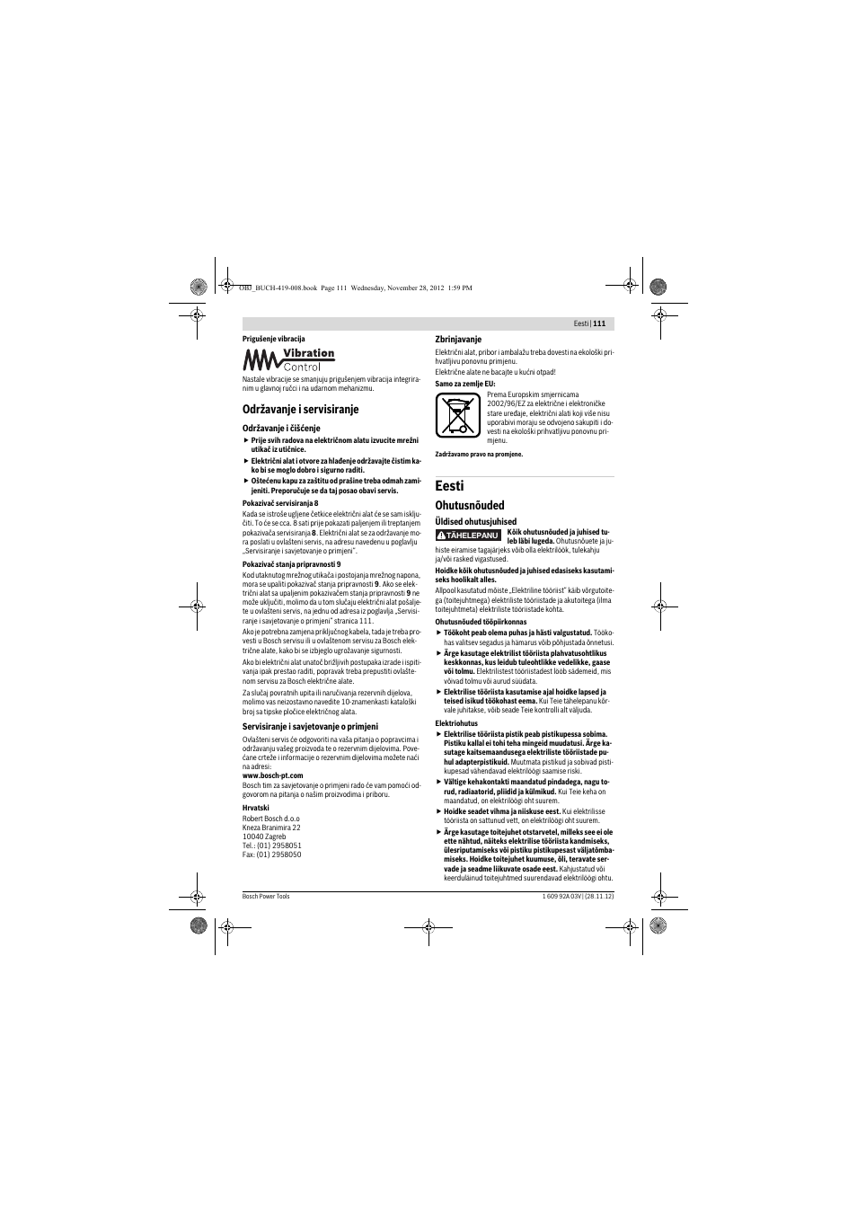 Eesti, Održavanje i servisiranje, Ohutusnõuded | Bosch GSH 5 CE Professional User Manual | Page 111 / 136