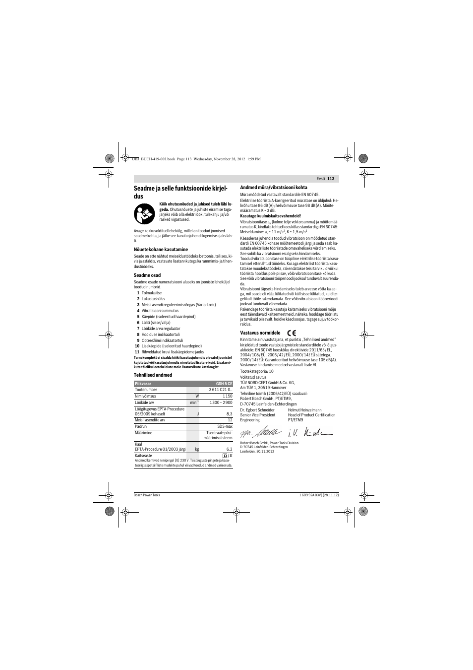 Seadme ja selle funktsioonide kirjel- dus | Bosch GSH 5 CE Professional User Manual | Page 113 / 136