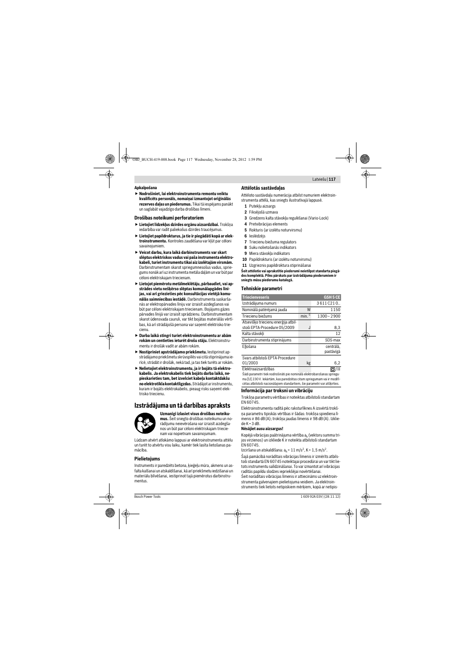 Izstrādājuma un tā darbības apraksts | Bosch GSH 5 CE Professional User Manual | Page 117 / 136