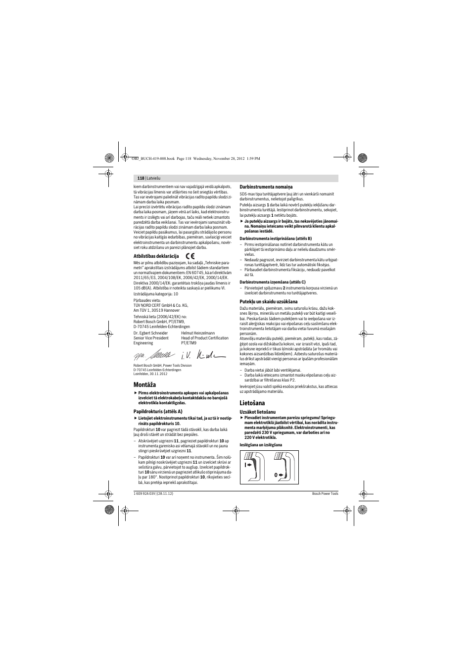 Montāža, Lietošana | Bosch GSH 5 CE Professional User Manual | Page 118 / 136