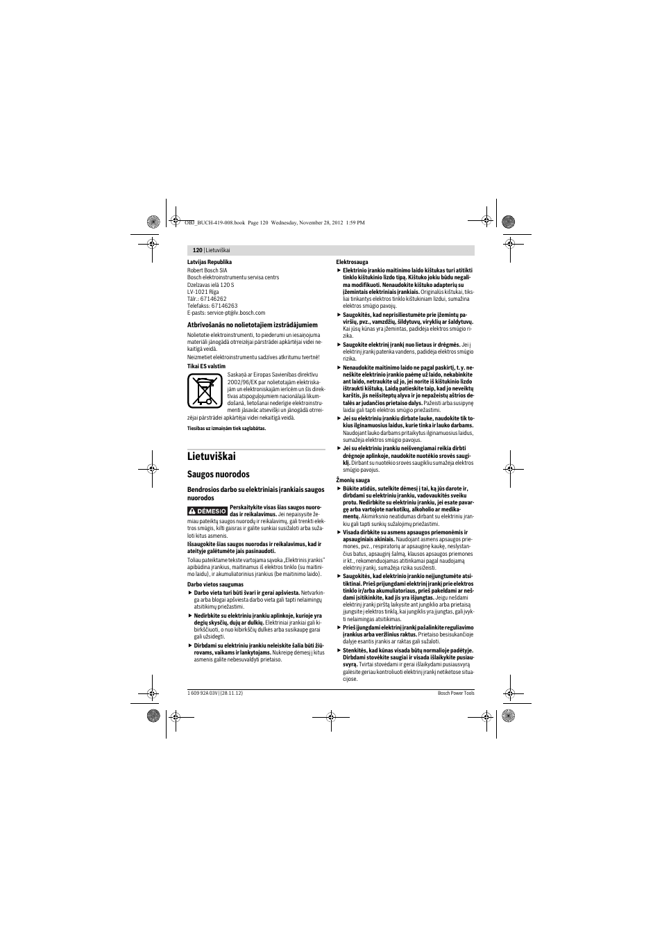 Lietuviškai, Saugos nuorodos | Bosch GSH 5 CE Professional User Manual | Page 120 / 136