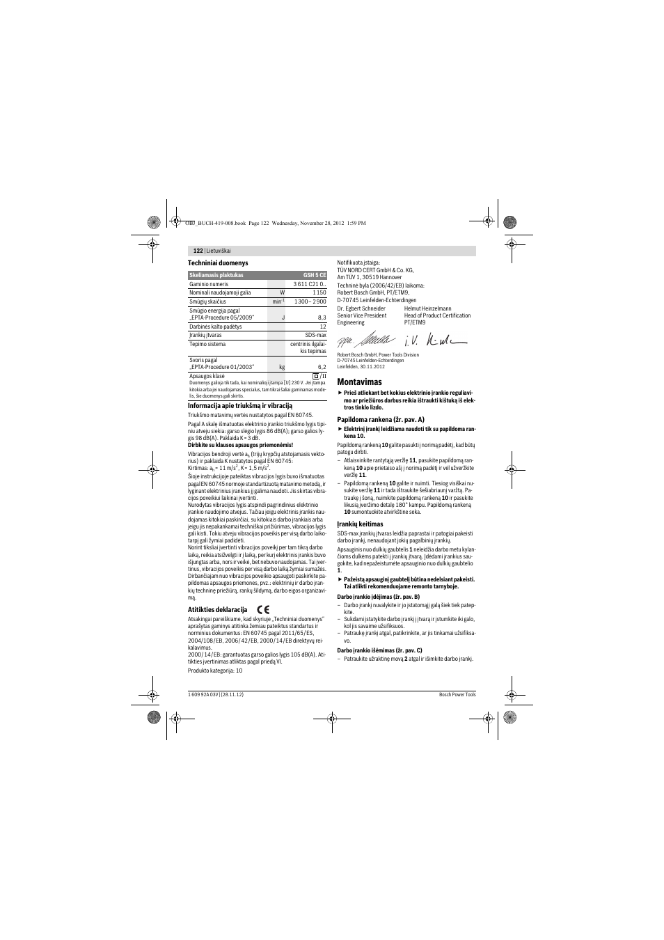 Montavimas | Bosch GSH 5 CE Professional User Manual | Page 122 / 136