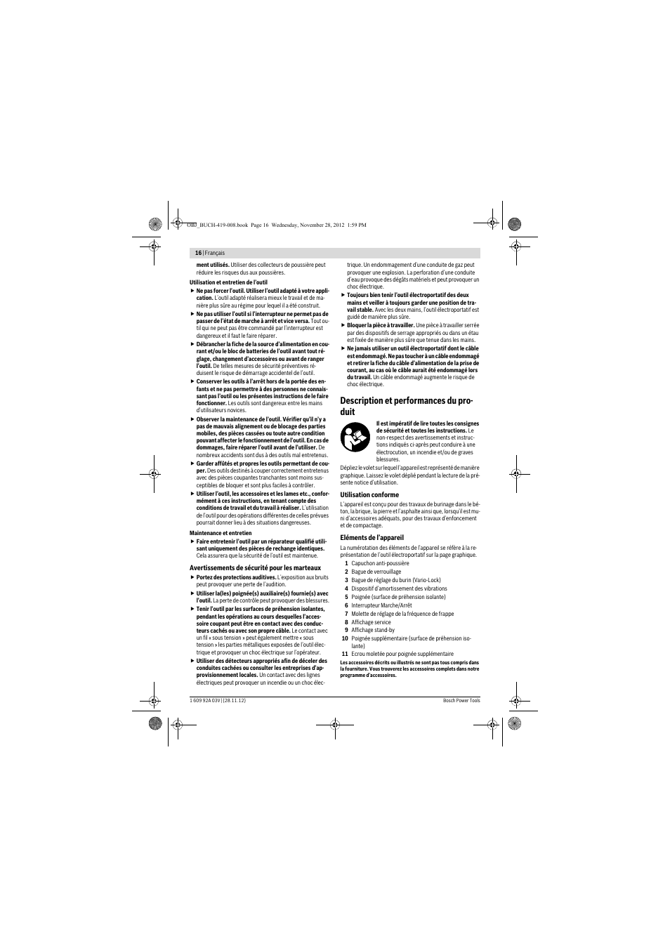 Description et performances du pro- duit | Bosch GSH 5 CE Professional User Manual | Page 16 / 136