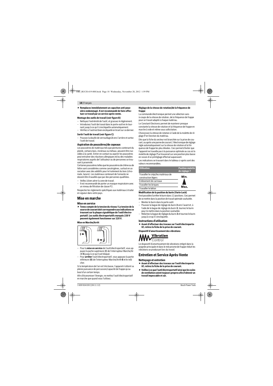 Mise en marche, Entretien et service après-vente | Bosch GSH 5 CE Professional User Manual | Page 18 / 136