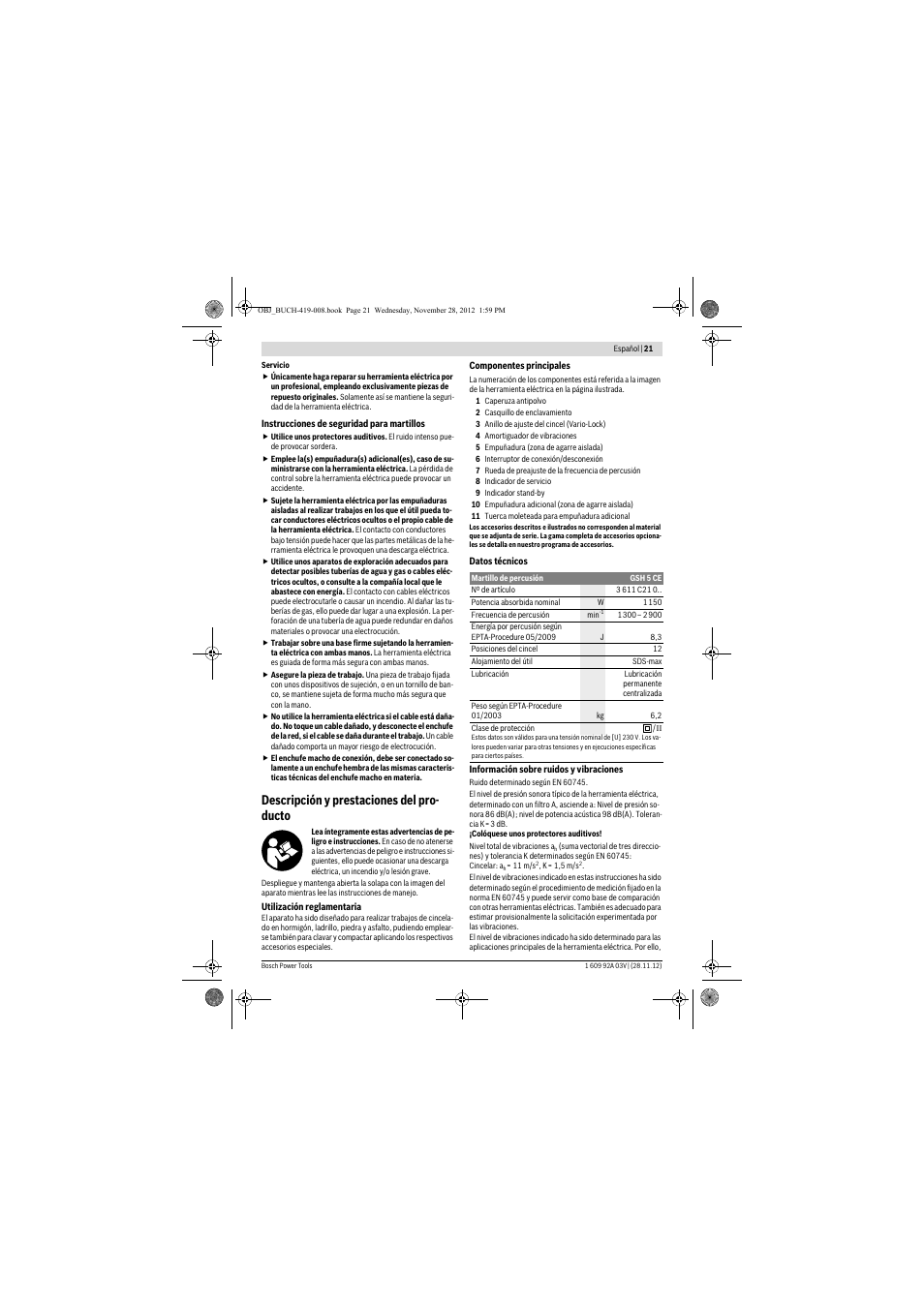 Descripción y prestaciones del pro- ducto | Bosch GSH 5 CE Professional User Manual | Page 21 / 136