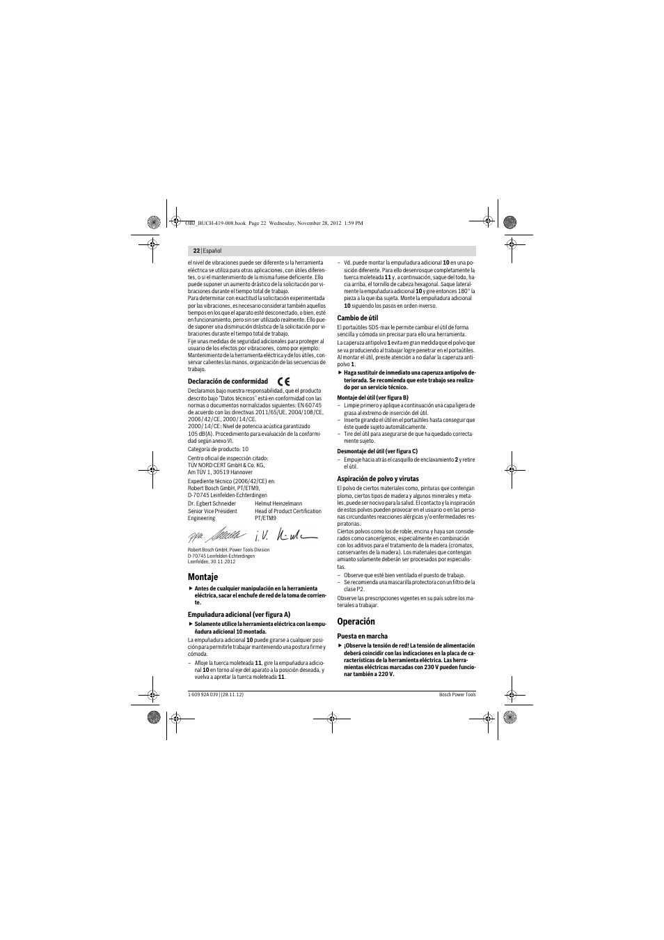 Montaje, Operación | Bosch GSH 5 CE Professional User Manual | Page 22 / 136