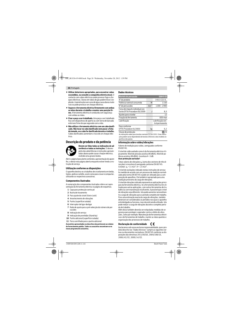 Descrição do produto e da potência | Bosch GSH 5 CE Professional User Manual | Page 26 / 136