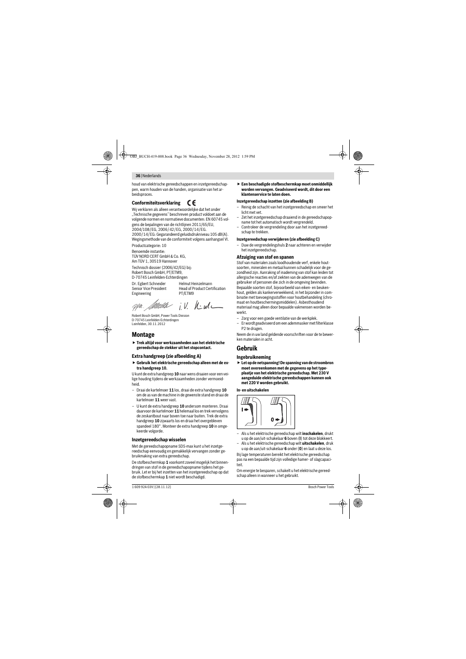Montage, Gebruik | Bosch GSH 5 CE Professional User Manual | Page 36 / 136
