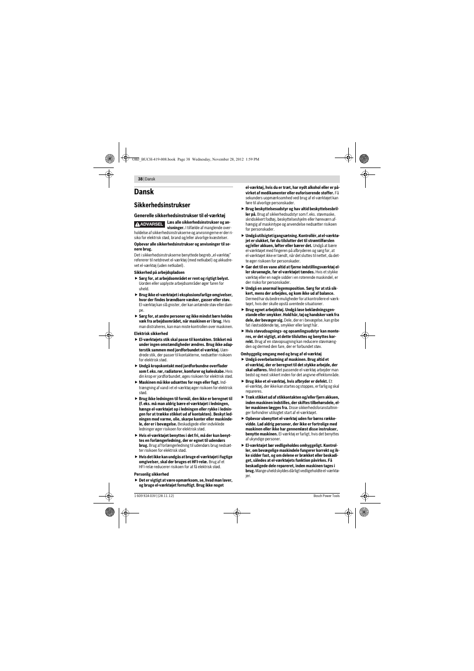 Dansk, Sikkerhedsinstrukser | Bosch GSH 5 CE Professional User Manual | Page 38 / 136