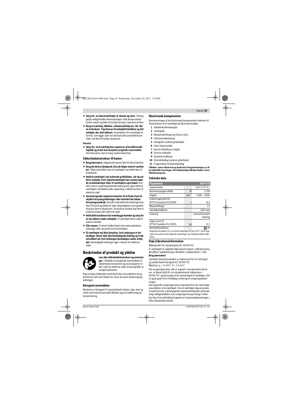 Beskrivelse af produkt og ydelse | Bosch GSH 5 CE Professional User Manual | Page 39 / 136