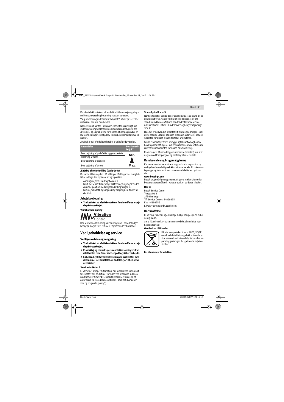 Vedligeholdelse og service | Bosch GSH 5 CE Professional User Manual | Page 41 / 136