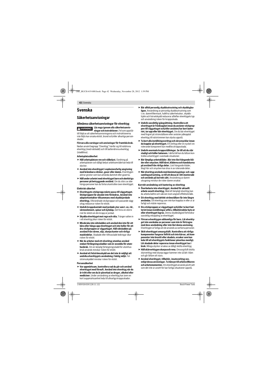 Svenska, Säkerhetsanvisningar | Bosch GSH 5 CE Professional User Manual | Page 42 / 136