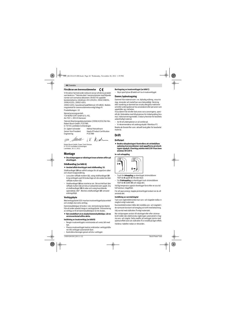 Montage, Drift | Bosch GSH 5 CE Professional User Manual | Page 44 / 136