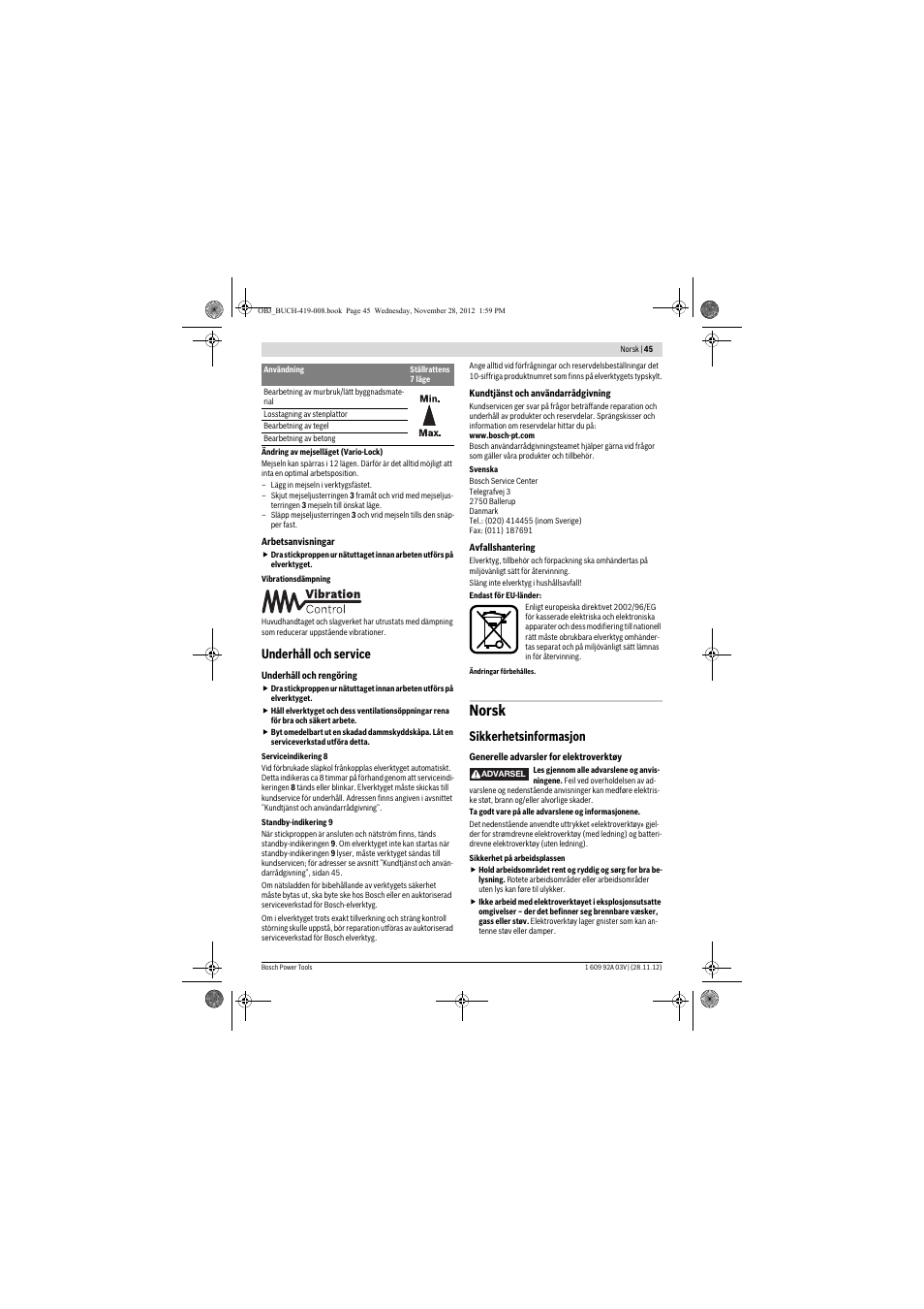 Norsk, Underhåll och service, Sikkerhetsinformasjon | Bosch GSH 5 CE Professional User Manual | Page 45 / 136