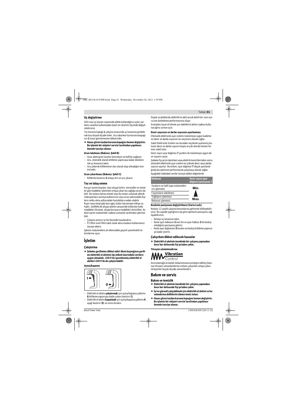 Işletim, Bakım ve servis | Bosch GSH 5 CE Professional User Manual | Page 61 / 136