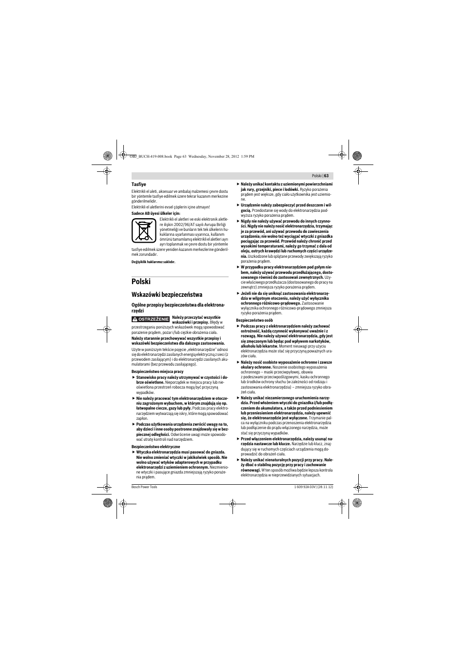 Polski, Wskazówki bezpieczeństwa | Bosch GSH 5 CE Professional User Manual | Page 63 / 136