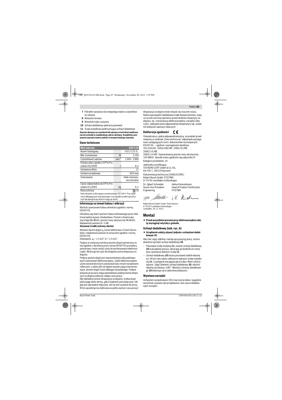 Montaż | Bosch GSH 5 CE Professional User Manual | Page 65 / 136