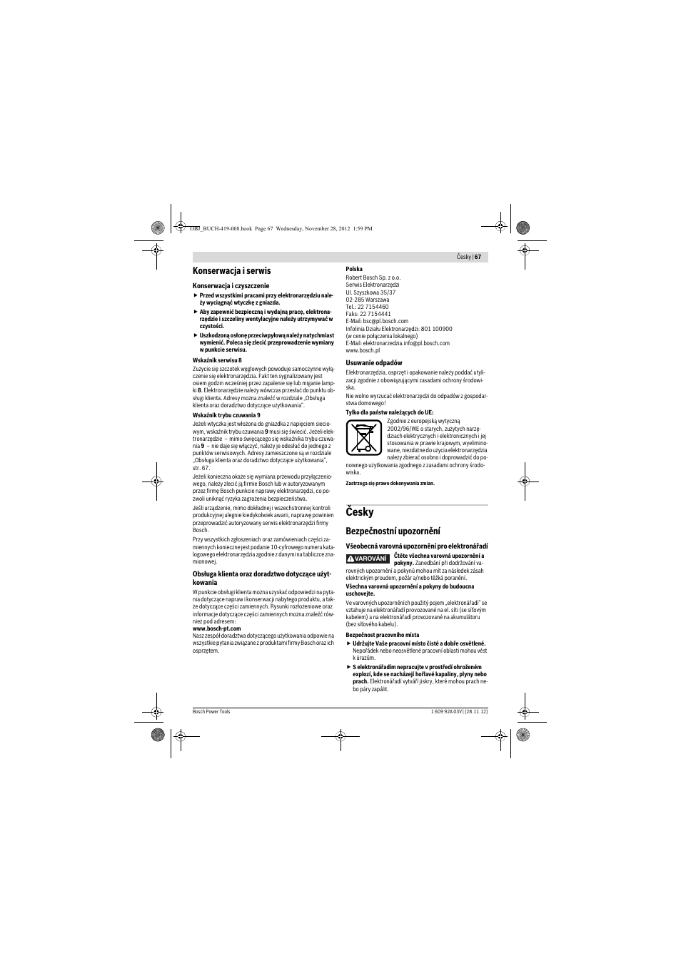 Česky, Konserwacja i serwis, Bezpečnostní upozornění | Bosch GSH 5 CE Professional User Manual | Page 67 / 136