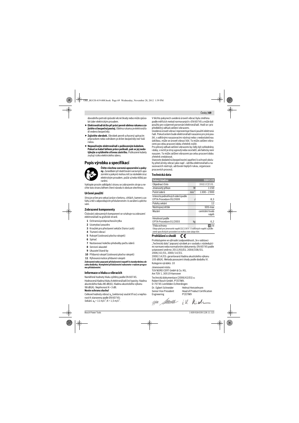 Popis výrobku a specifikací | Bosch GSH 5 CE Professional User Manual | Page 69 / 136