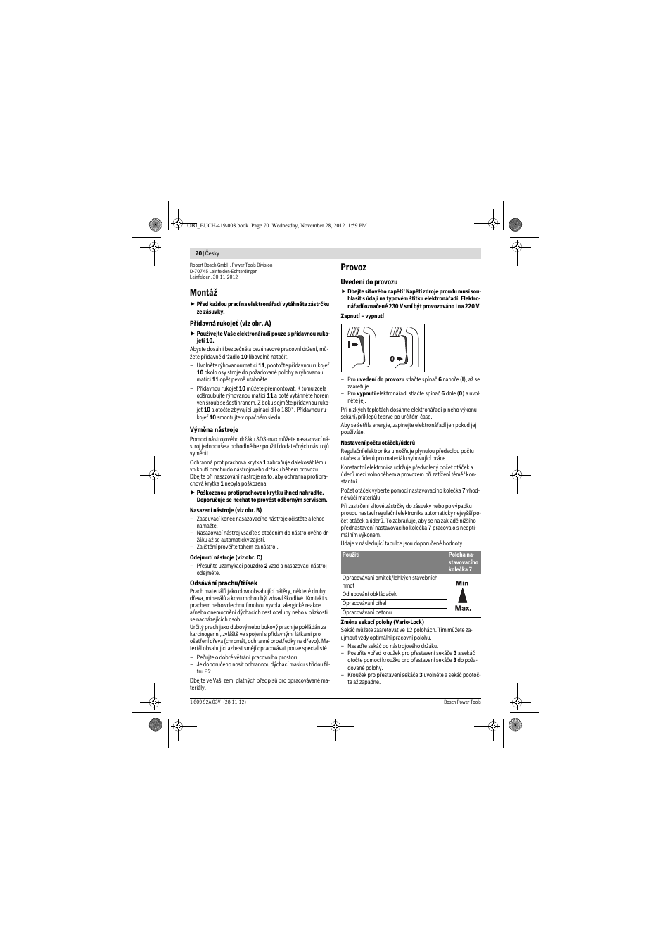 Montáž, Provoz | Bosch GSH 5 CE Professional User Manual | Page 70 / 136