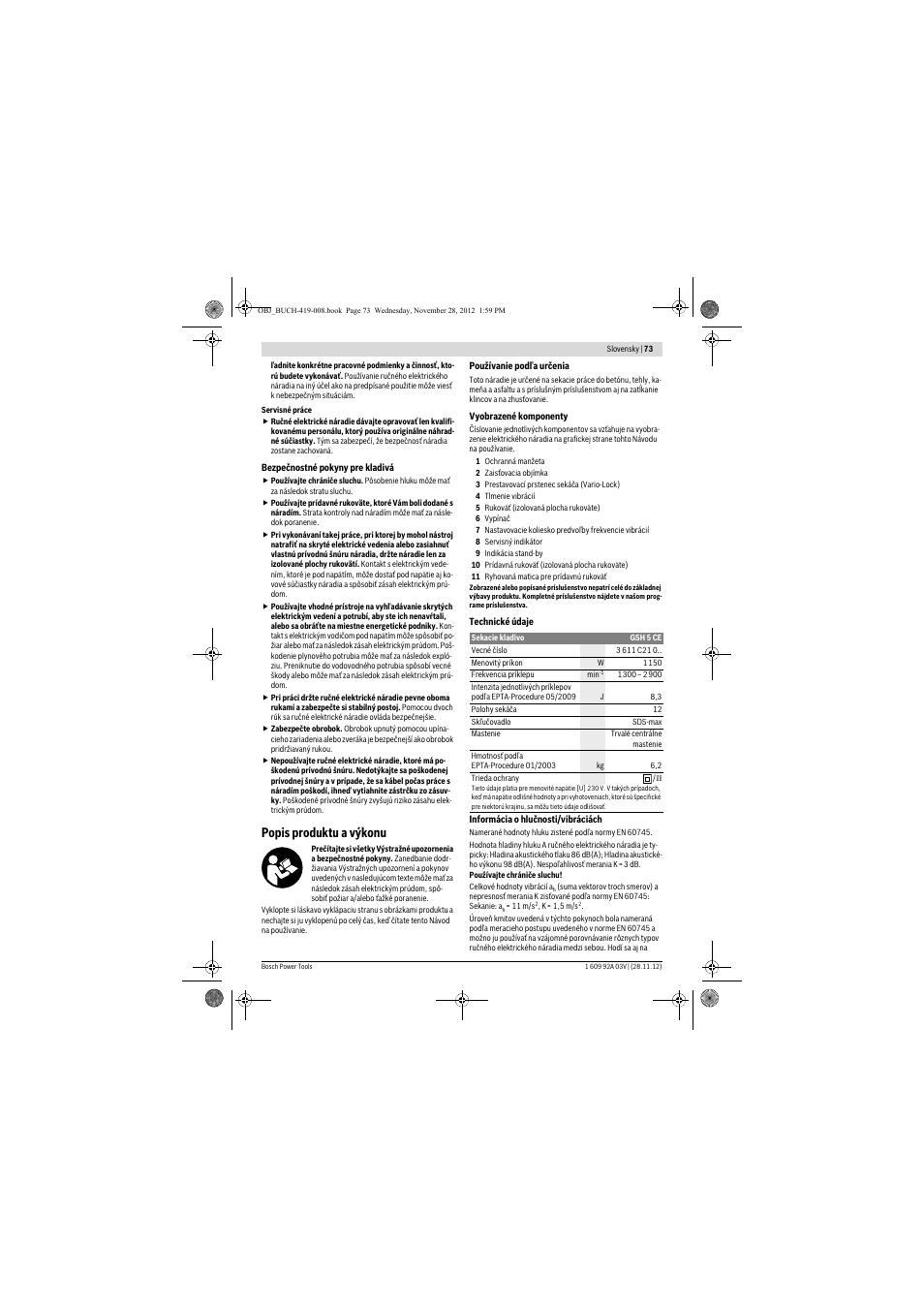 Popis produktu a výkonu | Bosch GSH 5 CE Professional User Manual | Page 73 / 136