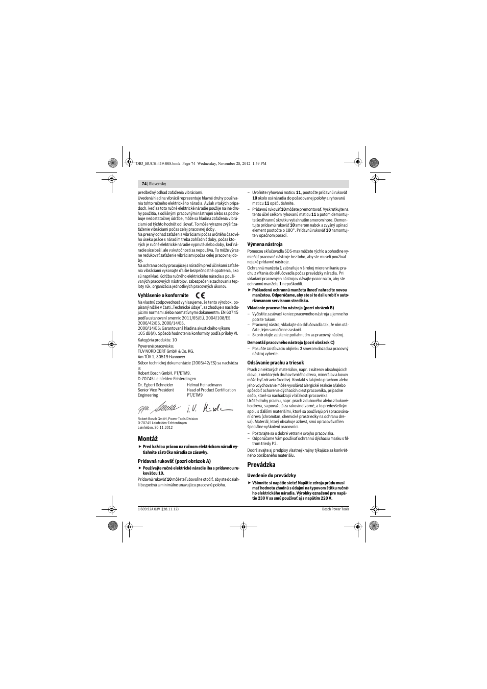 Montáž, Prevádzka | Bosch GSH 5 CE Professional User Manual | Page 74 / 136