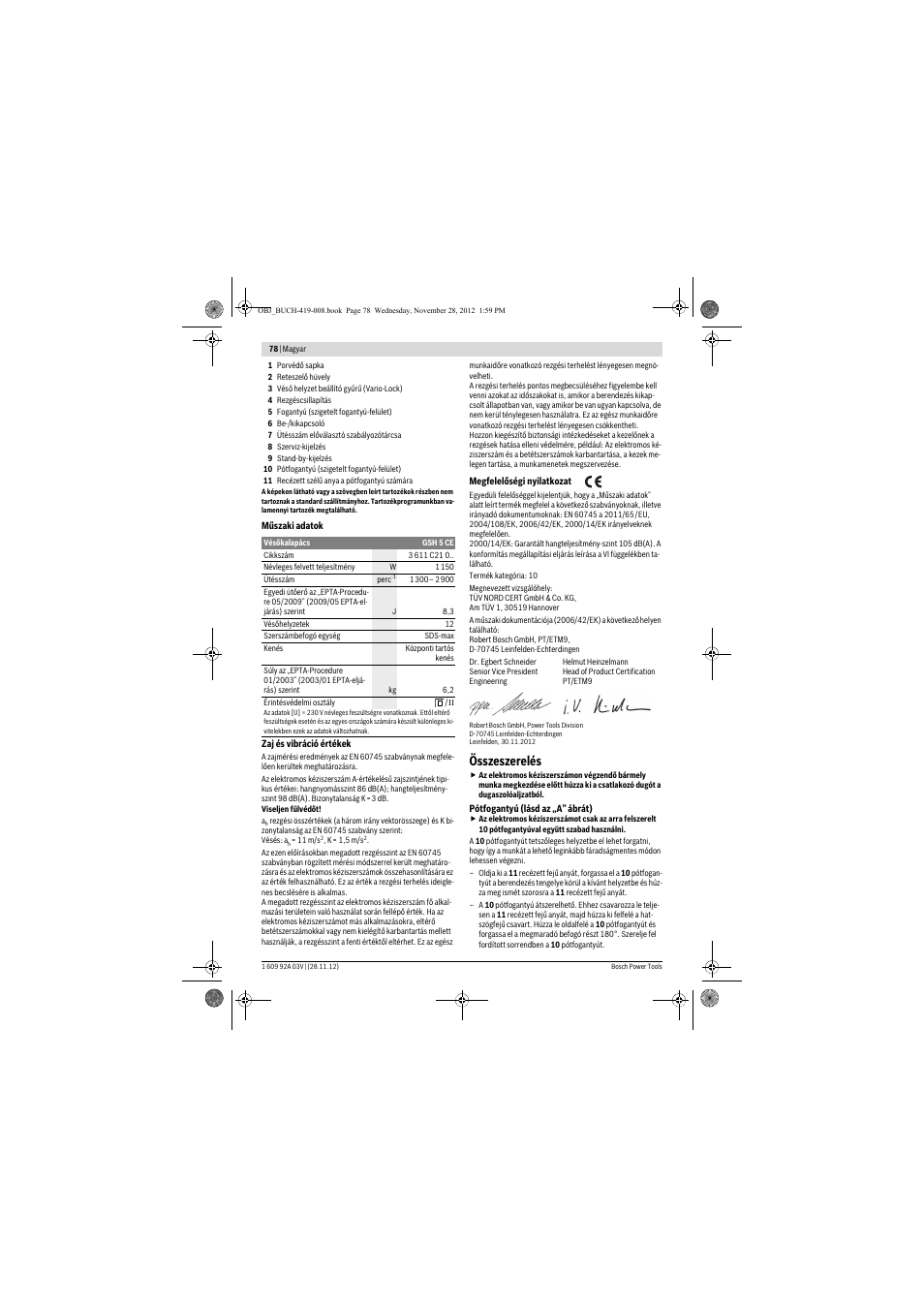 Összeszerelés | Bosch GSH 5 CE Professional User Manual | Page 78 / 136